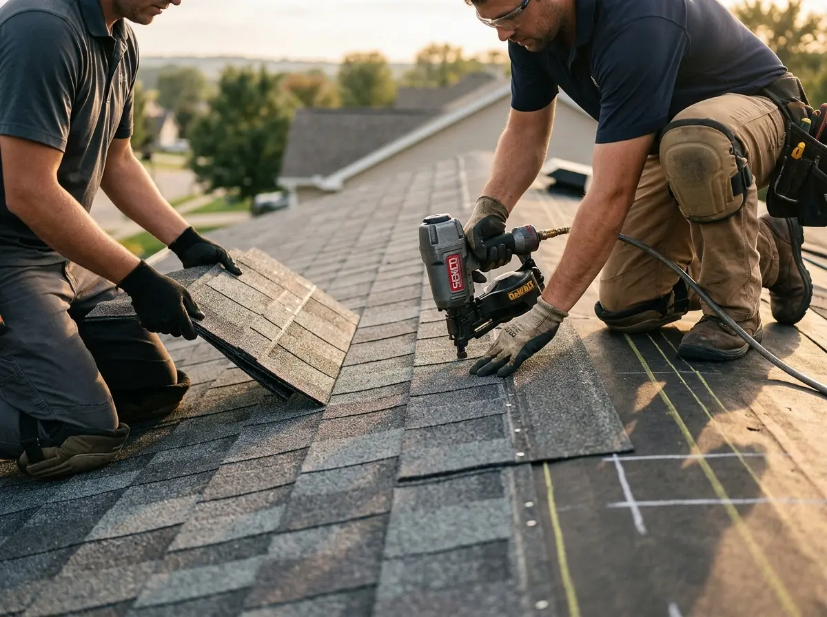 Professional roofer working on a residential roof in Clarence